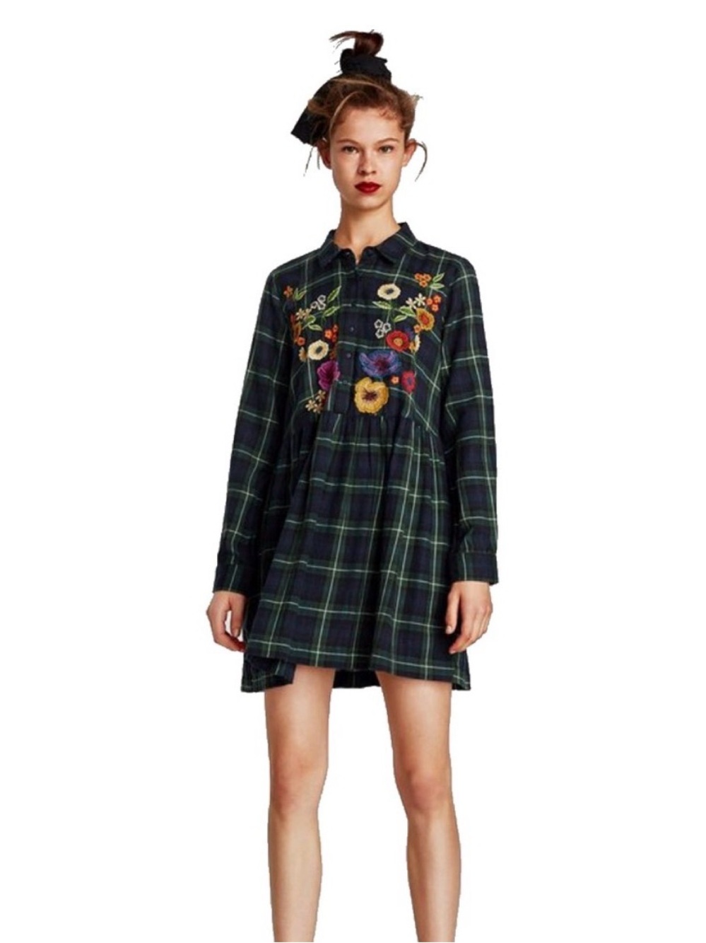 Zara Floral Embroidered Mini Shirt Dress Size L Green Plaid Academia School Prep